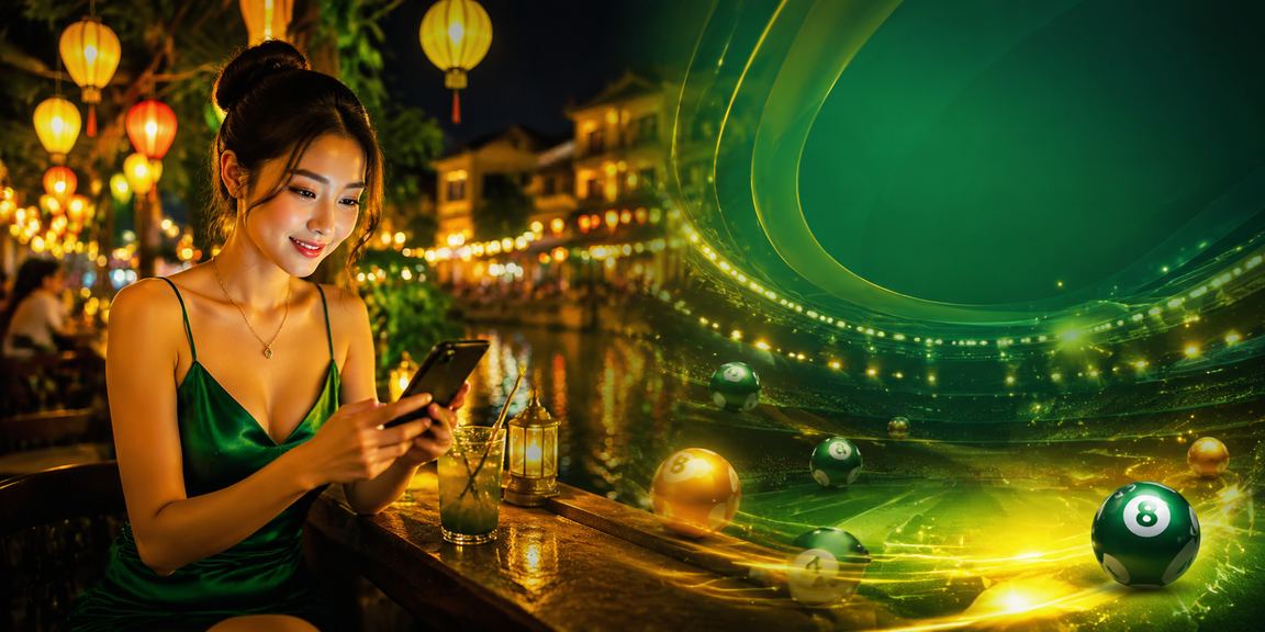 Người dùng trẻ tại Hội An chơi game mới trên điện thoại trong không gian đèn lồng