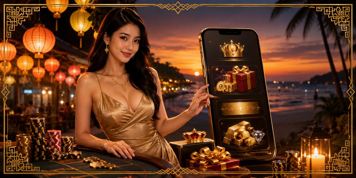 Cảnh chợ đêm Phú Quốc với người dùng truy cập nền tảng giải trí trực tuyến